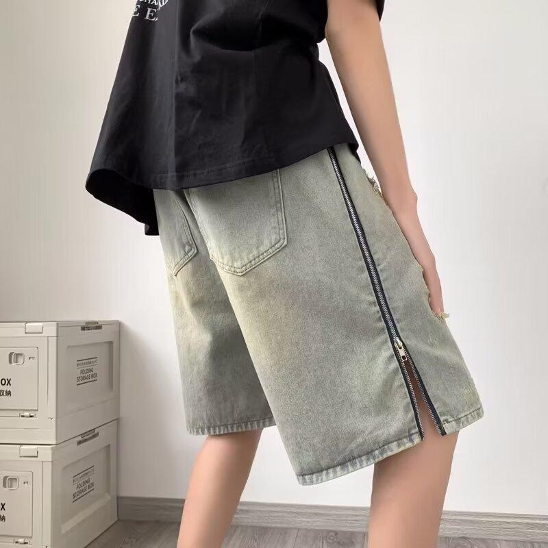 Джинсовые шорты JYL мужские Винтажные Боковая молния Грязевое окрашивание Рваные Свободные High-Street Деним M