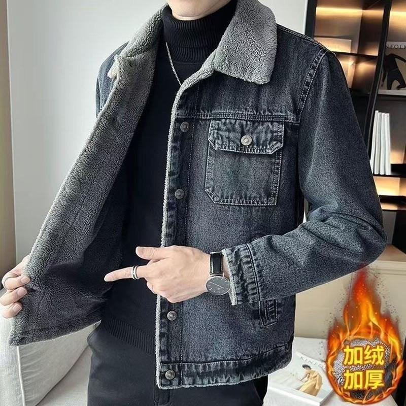 Autumn and Winter New Fashion Solid Color American Retro Thickened Warm Denim Jacket Men's Casual Loose Sports Large Size Coat