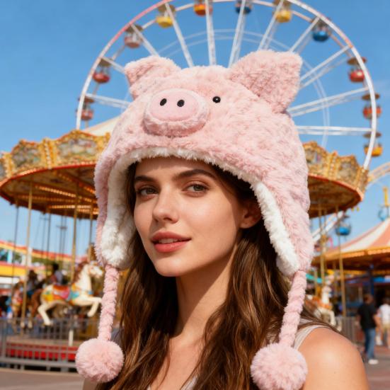 Winter Hat Cartoon Pig Shape Soft Plush Thermal Insulation Hat Autumn Winter Thickened Warm Ear Protection Hat Headwear