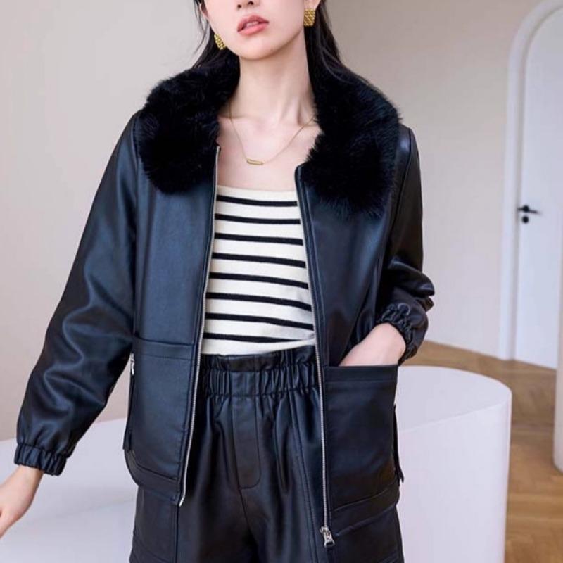 Damen S Kurze PU-Lederjacke Mit Pelzkragen Winter Fleecegefüttert Warm Lässig