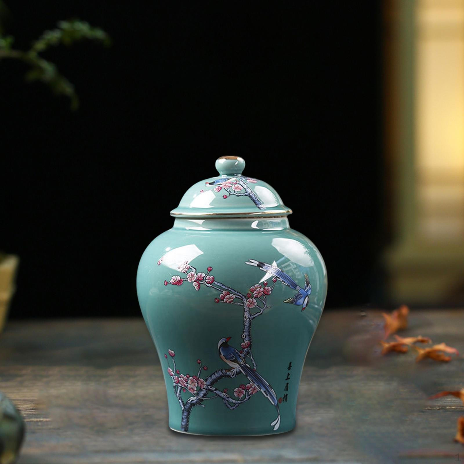 

Керамическая банка для имбиря в древнем китайском стиле, настольная глазурованная ваза для цветов с герметичной крышкой, ремесленная работа Large
