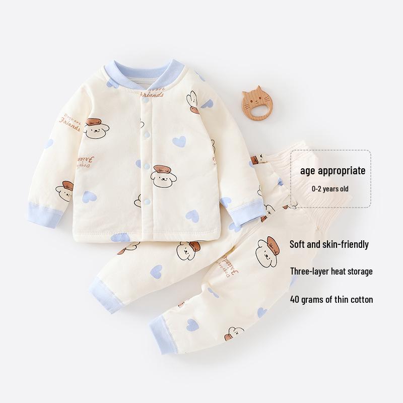 40g Baby Junge Baumwoll-Pyjama-Set mit hohem Bund – Dünne Herbst-/Winter-Warmkleidung & Bauchschützhose