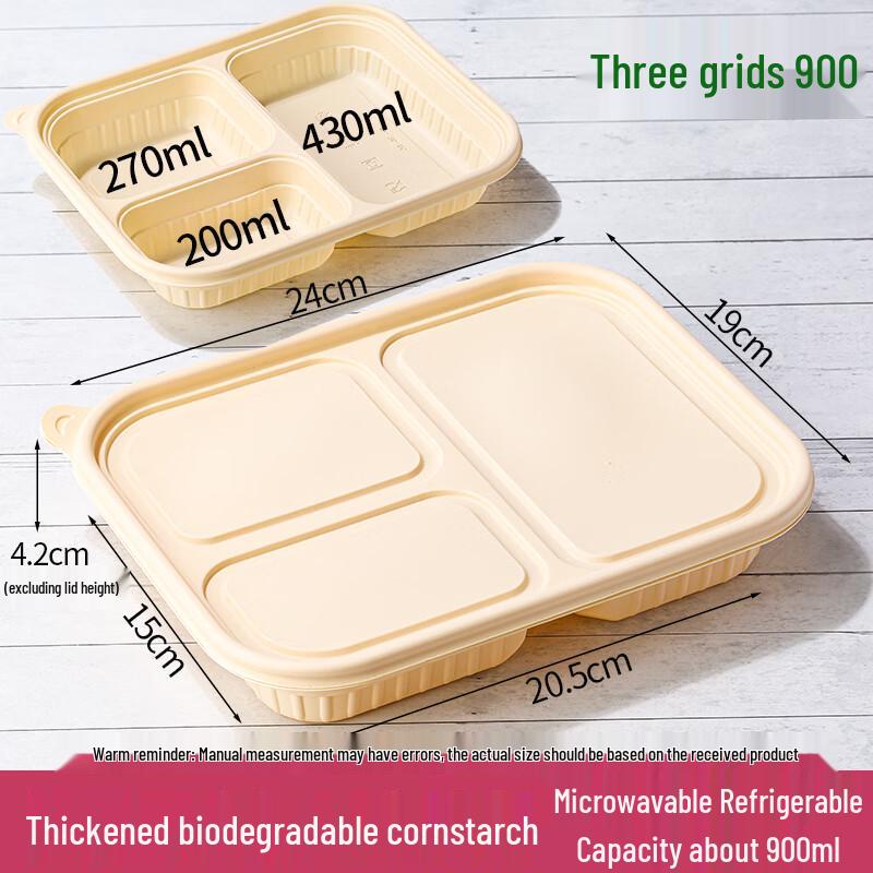 Ally Corn Starch 3-Compartment Disposable Lunch Boxes with Lids, 900ml (20-Pack)
