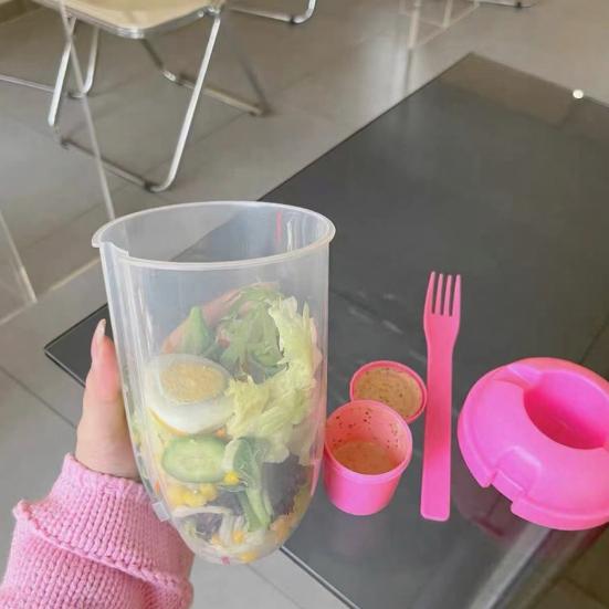 Wiederverwendbarer Salatbecher 1000ml Tragbarer Frischer Salatbehälter mit Gabel und Dressinghalter BPA-freier PP Salataufbewahrungsbecher für Mittagessen Picknick Camping