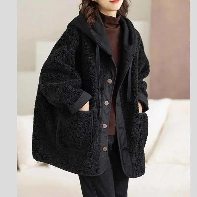 Women Autumn Winter Mid-Long Thick Pocket Jacket Lamb Plush Hooded Overcoat Outerwears
