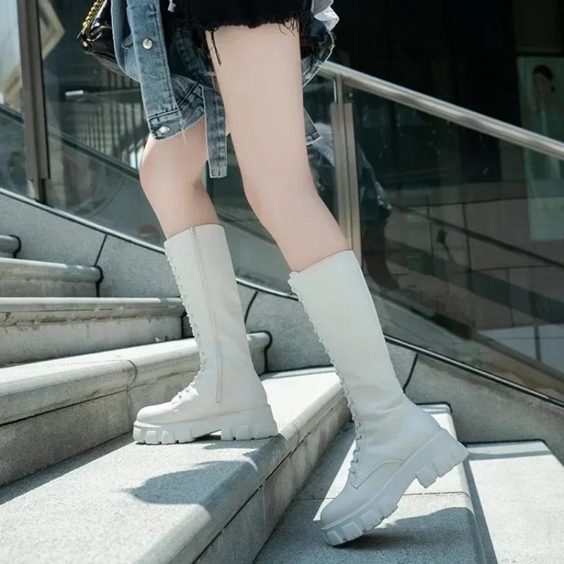 Fashion Women's Mid Calf Boots Padded Shoes Knee High Winter Sneakers Punk Style Military Casual White Black 2024 Lucury Platform Woman