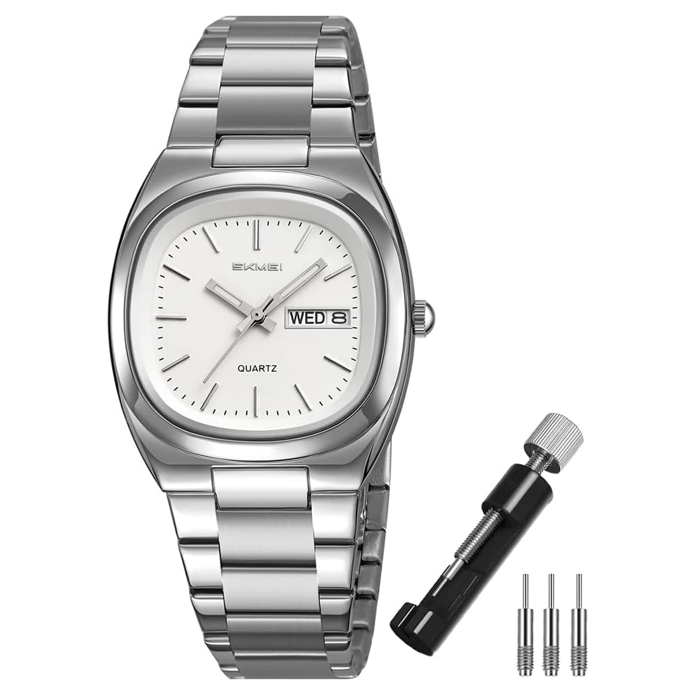 SKMEI Square Women s Quartz Watch Silver Stainless Steel Simple Waterproof Business Date Day Display
