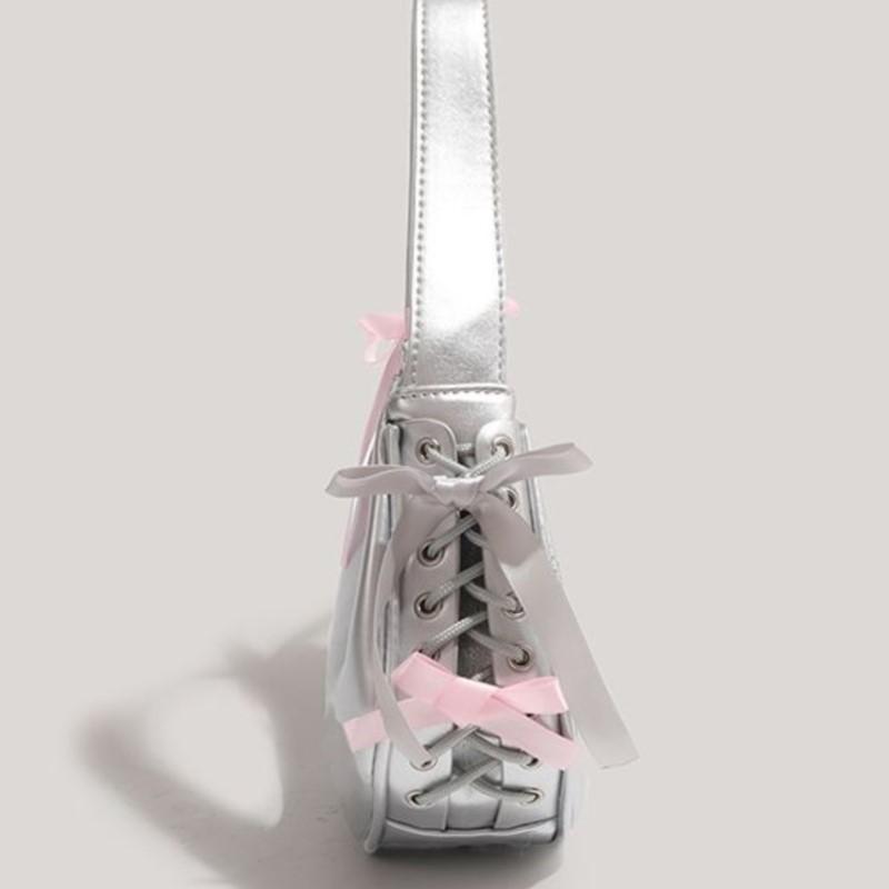 Heiße Mädchen Silber Achseltasche Geldbörse Damen Vielseitig Leder Schleife Halbmondtaschen Damen Fairy Core Handtasche Ästhetisch