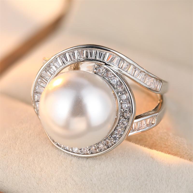 Vintage Inlaid Imitation Pearl CZ Women's Ring Minimalist CopperColor Hand Carving Daily Wear Party Jewelry Anniversary Gift