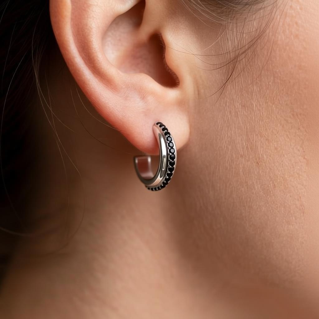 Black CZ Huggie Earrings On Copper Base Stud Ear