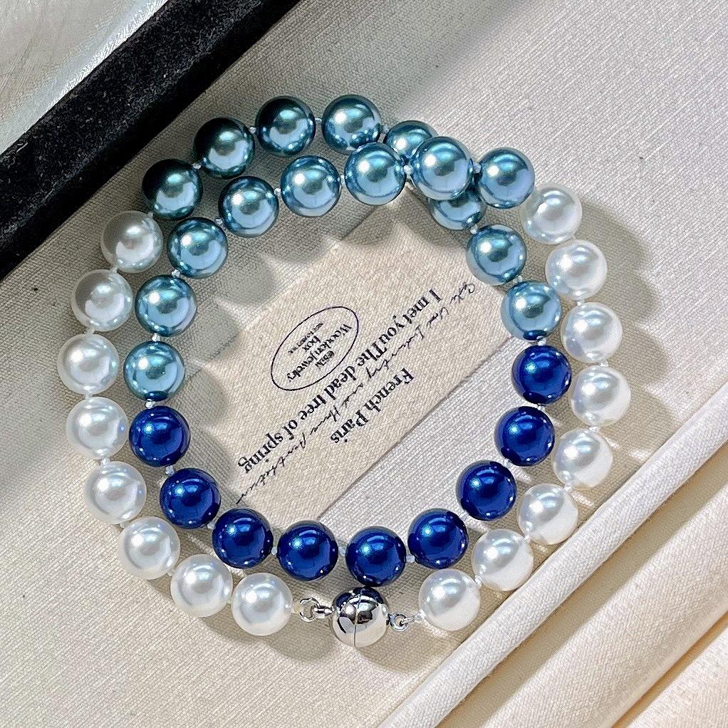 10Mm Autumn And Winter Highlight Gradual Change Blue And White Tahitian Artificial Crystal Pearl Necklace Collarbone Chain