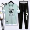 2Pcs/Set Men Casual Sportwear O-Neck Short Sleeve Bear Pattern T-shirt Elastic Waist Sweatpants Set Loose Fit Sports Wear