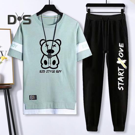2Pcs/Set Men Casual Sportwear O-Neck Short Sleeve Bear Pattern T-shirt Elastic Waist Sweatpants Set Loose Fit Sports Wear
