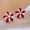 red flocked zircon pearl flower stud earrings (diameter 1.8cm)