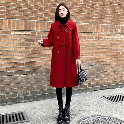 Stylish and Elegant Red Woolen Coat with Horn Buckles for Weddings and Fashionable Women