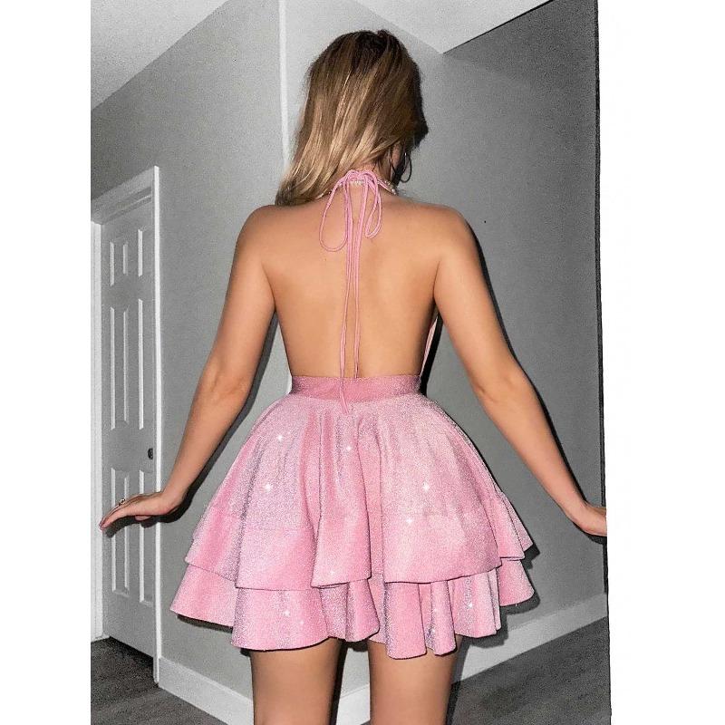 Women's New Glitter Fabric Slim Fit Bright Pink Deep Neck Frilly Women's Dress