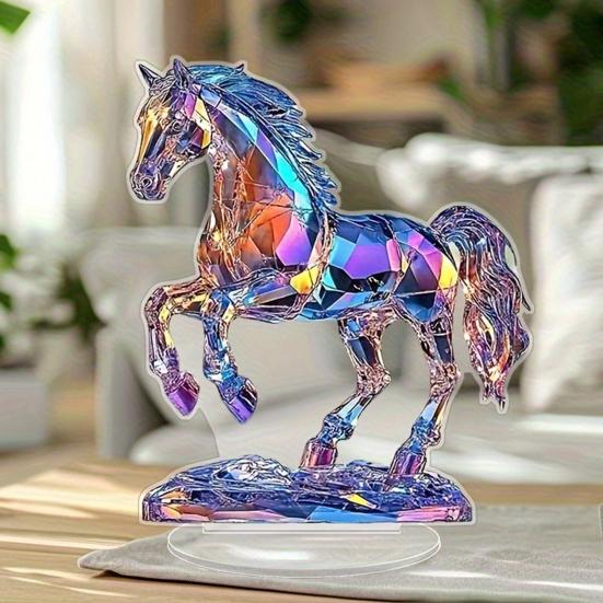 2D Fake Crystal Horse Ornament with Base Flat Acrylic Horse Table Sign Home Office Bookshelf Desktop Decoration Birthday Gift