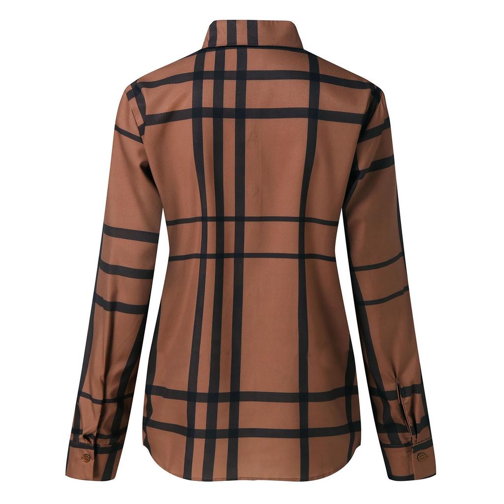 Women's Casual Loose Lapel Long Sleeve Plaid Printed Shirt Blouse Shirts Tops
