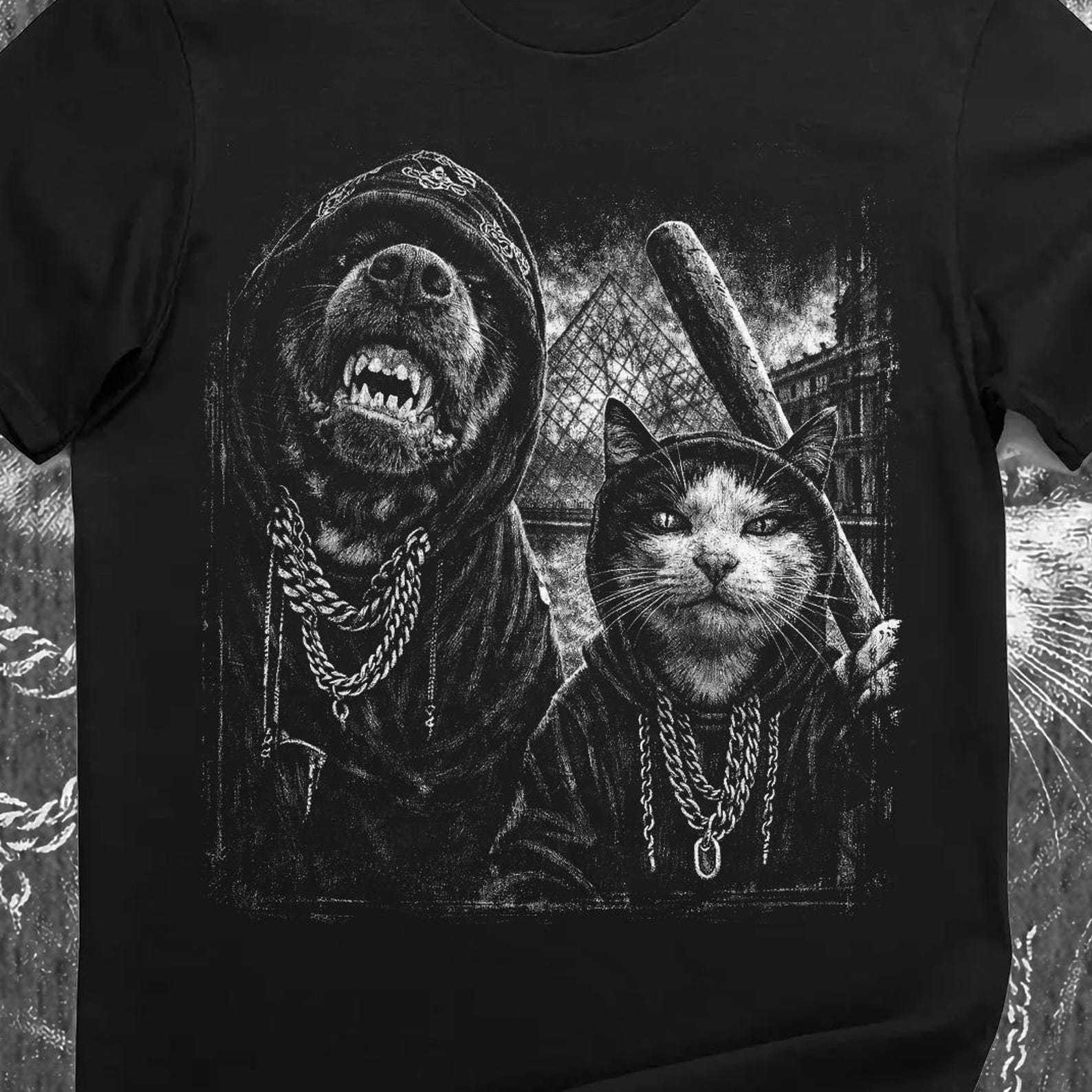 Gangster Cat & Dog Shirt – Funny Street Paris Animals Graphic Tee 2XL