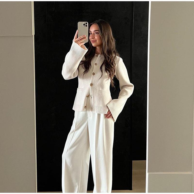 Ležérní pletený kardigan pro ženy Jednobarevný Slim O-výstřih Dlouhý rukáv Jednořadé zapínání Kapsa Dámské kabáty 2024 Podzim Nové Dámské pleteniny