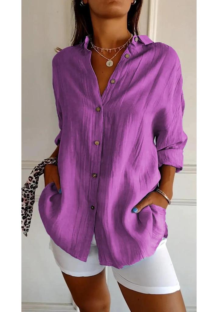 2024 Women's Solid Color Pleated Lapel Shirt - European & American Style, Single-Breasted Roll-Up Sleeve Top