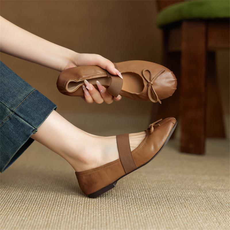 Fashion New Spring/autumn Genuine Leather Women Shoes Round Toe Mary Jane Shoes for Women Fashion Retro Bow Low Heel Flat Women Pumps