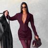 2025 Women's Solid Color Deep V Lapel Dress - Autumn/Winter Ruched Mini with Waist-Hugging Fit