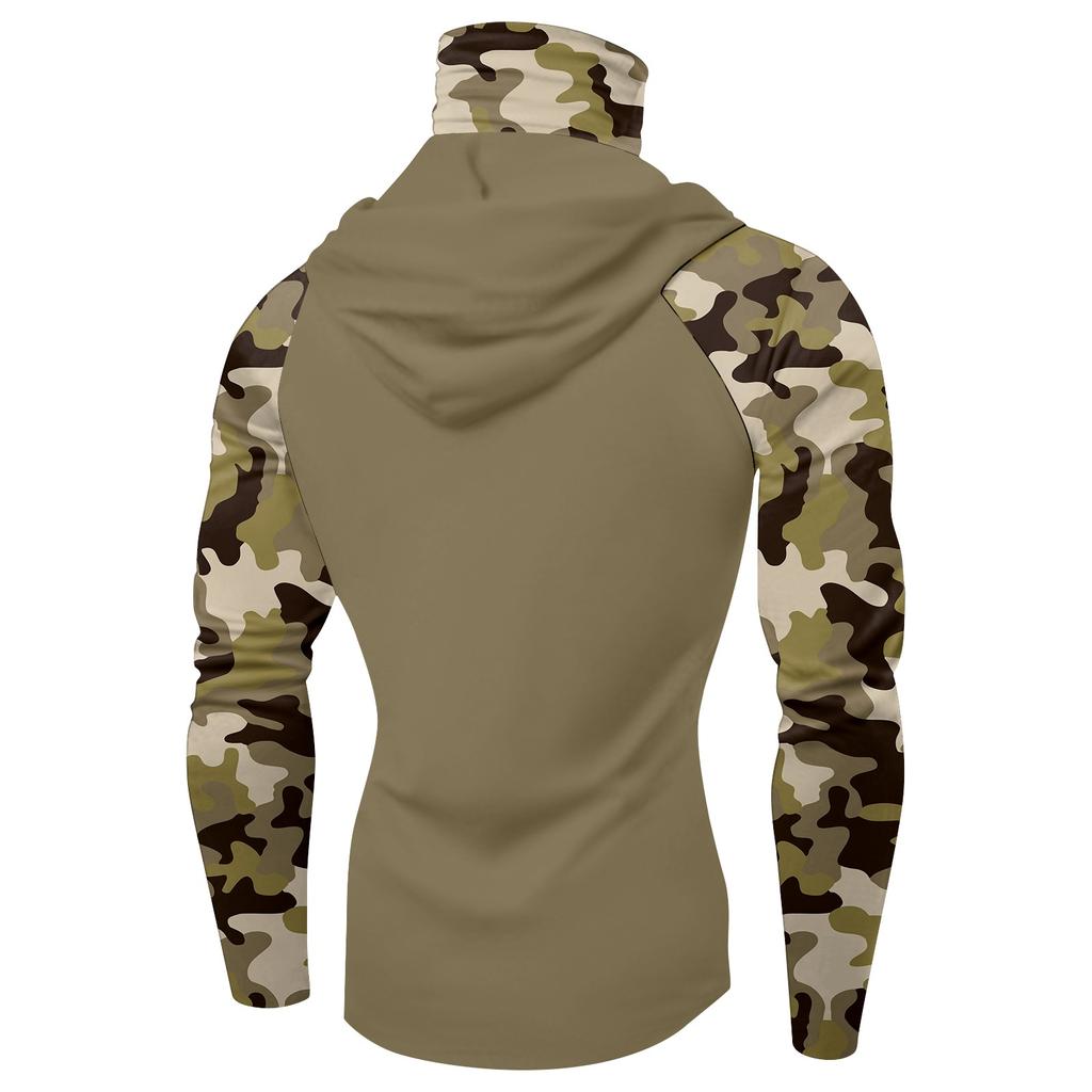Long Sleeve Hooded Sun Protection Shirt with Face Cover and Camouflage Raglan Sleeves for Outdoor Activities Fishing Hiking Running