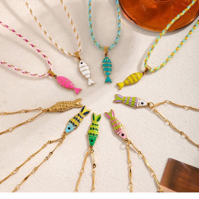 Bohemian Layered Fish Pendant Necklace Colorful Enamel Cute Trendy Adjustable for Teen Girls School Daily Wear