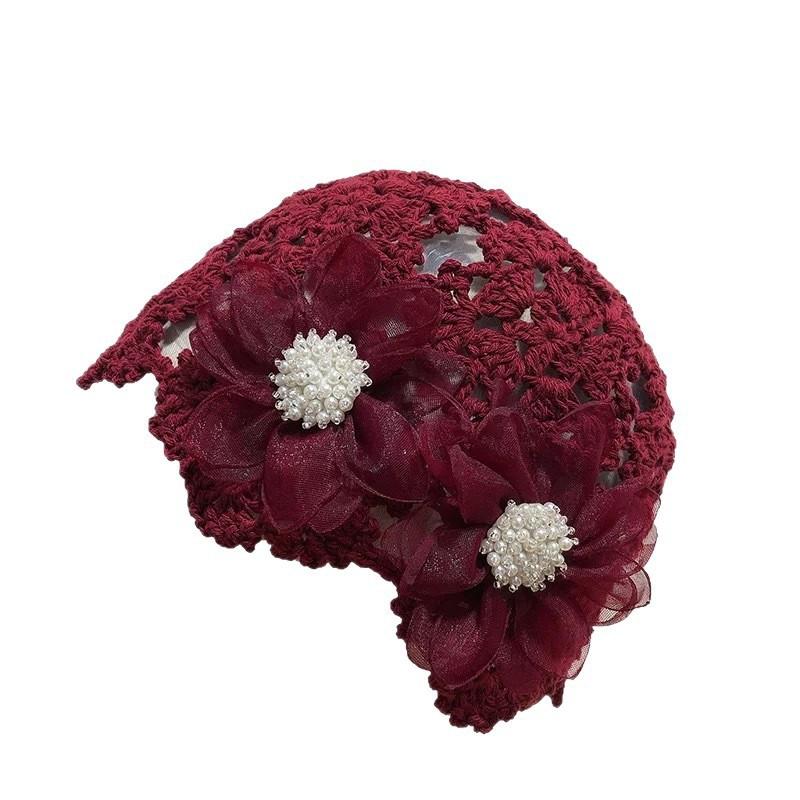 Summer thin hollow pearl flower handknitted headgear female sweet cute niche hat