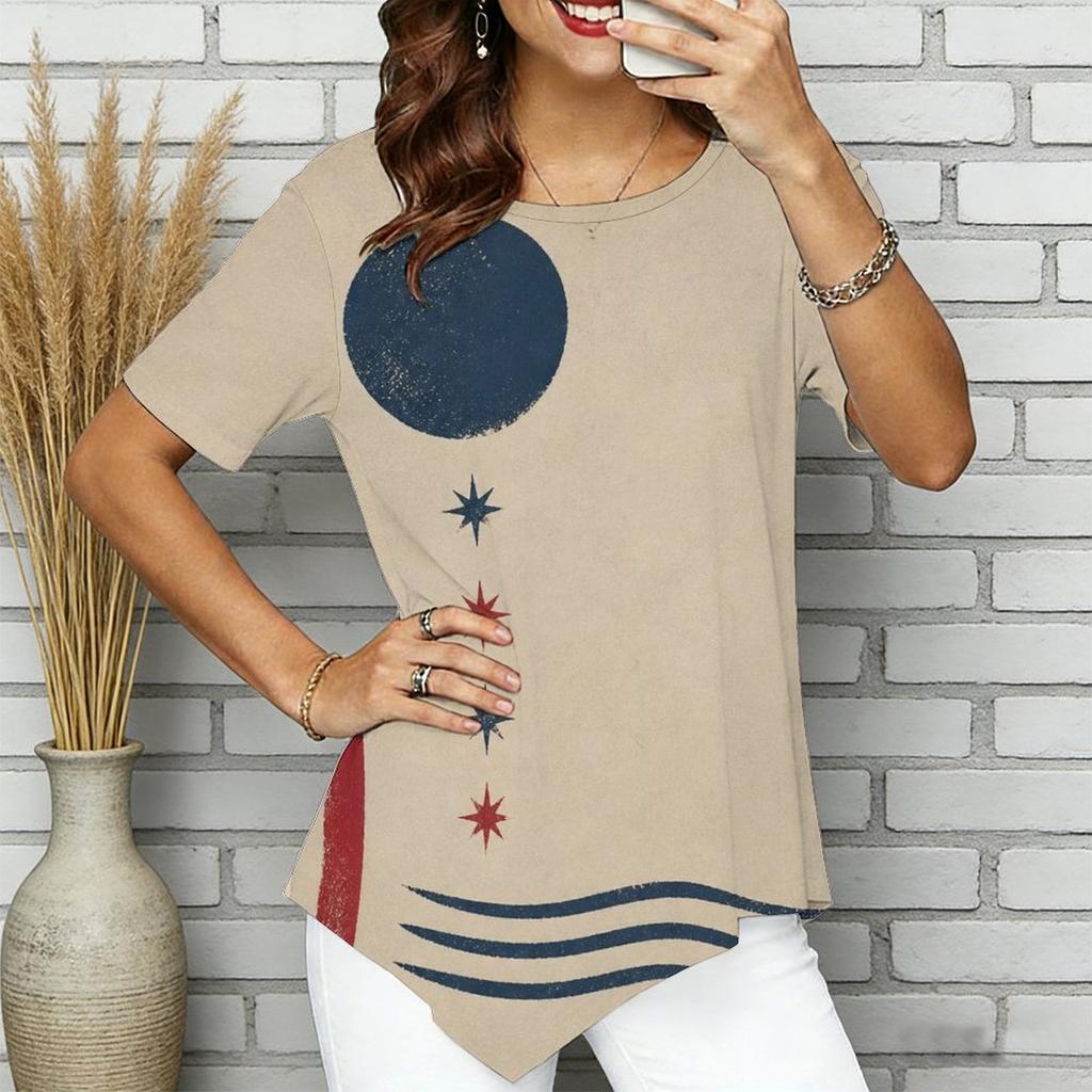 Women Plus Size Short Sleeve Asymmetric Hem Top Pink Crystal Heart Gem Glitter Print Blouse