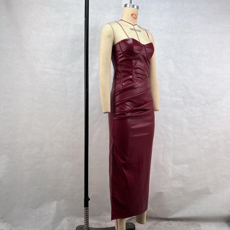 Sexy PU Leder Trägerkleid Damen Einfarbig Ärmellos Hüftbetont Hohe Taille Lange Kleider 2024 Herbst Neu Damenmode Vestidos