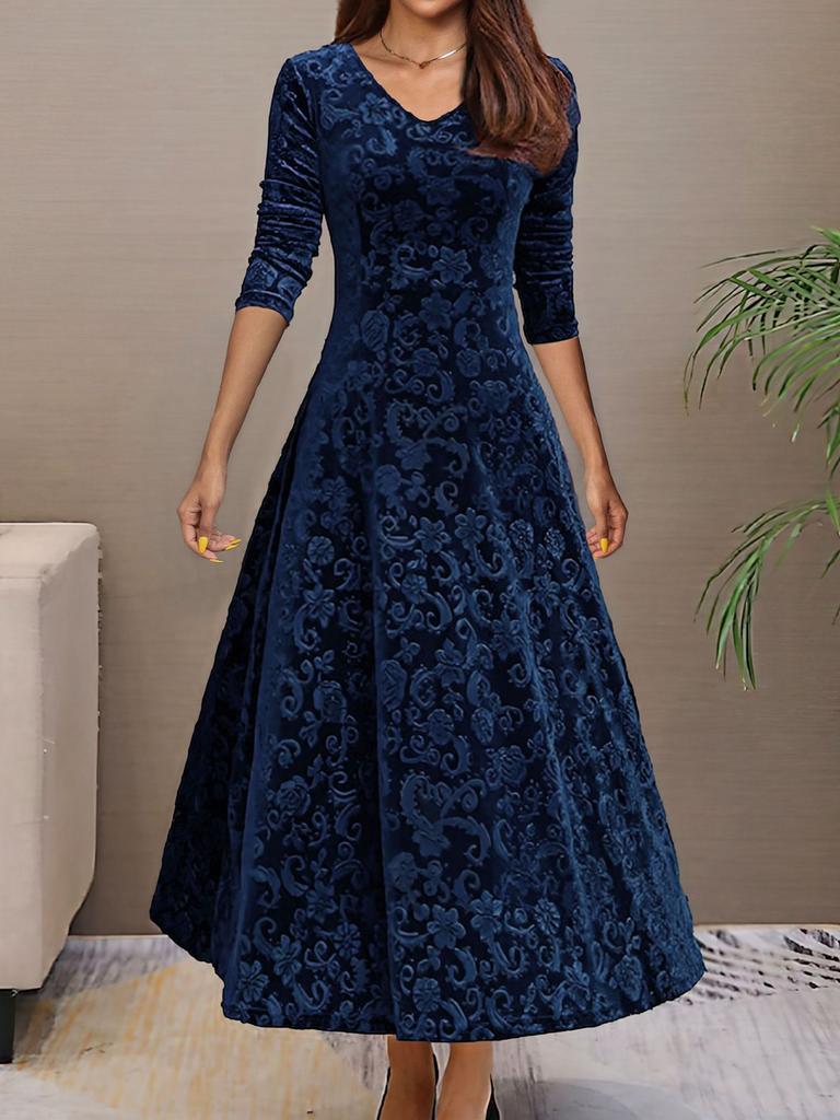 Spring Autumn New Style Elegant High-End Evening Gown Velvet Midi Dress for Women