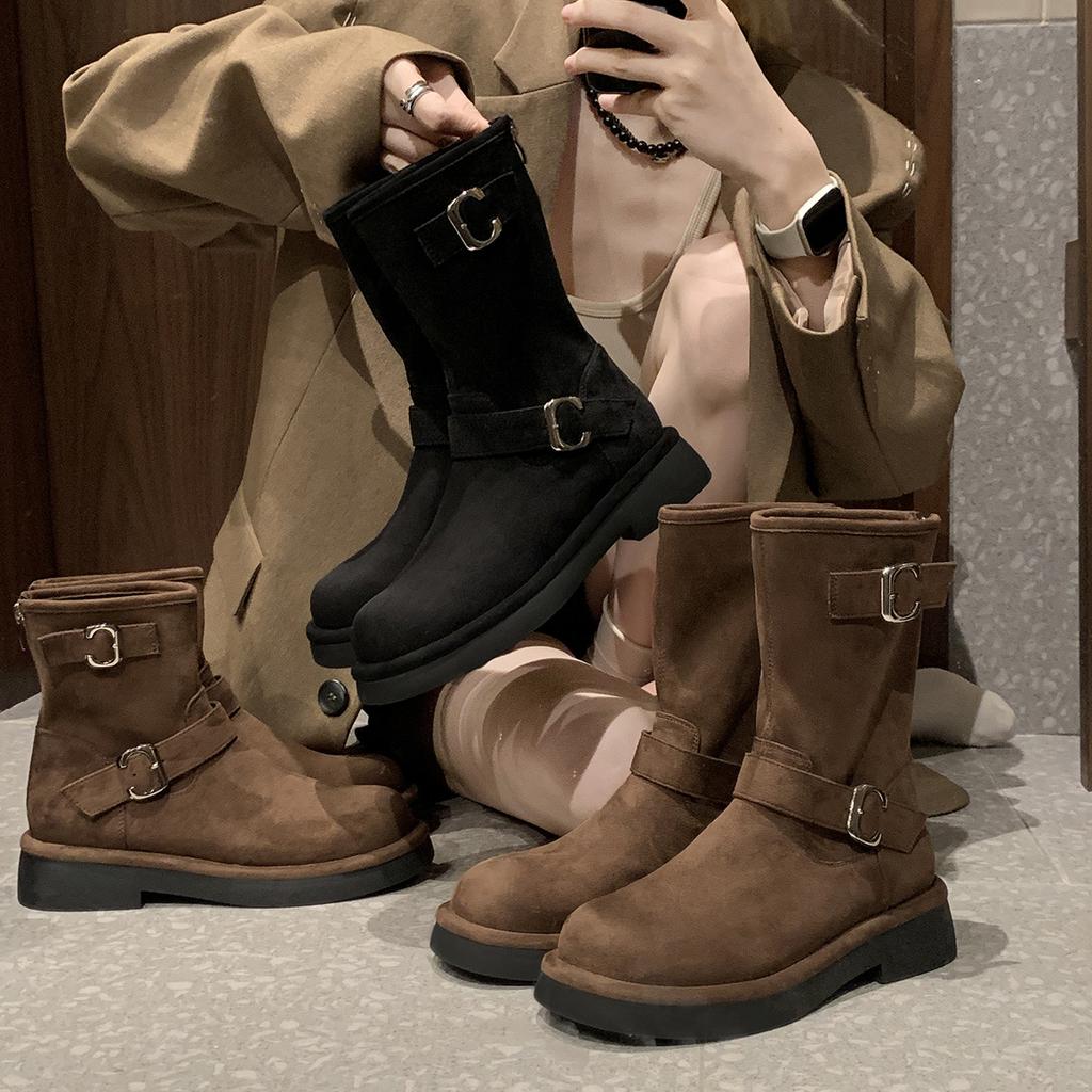 Retro locomotive boots buckle new round head low tube thick-soled boots heightening short boots autumn and winter women