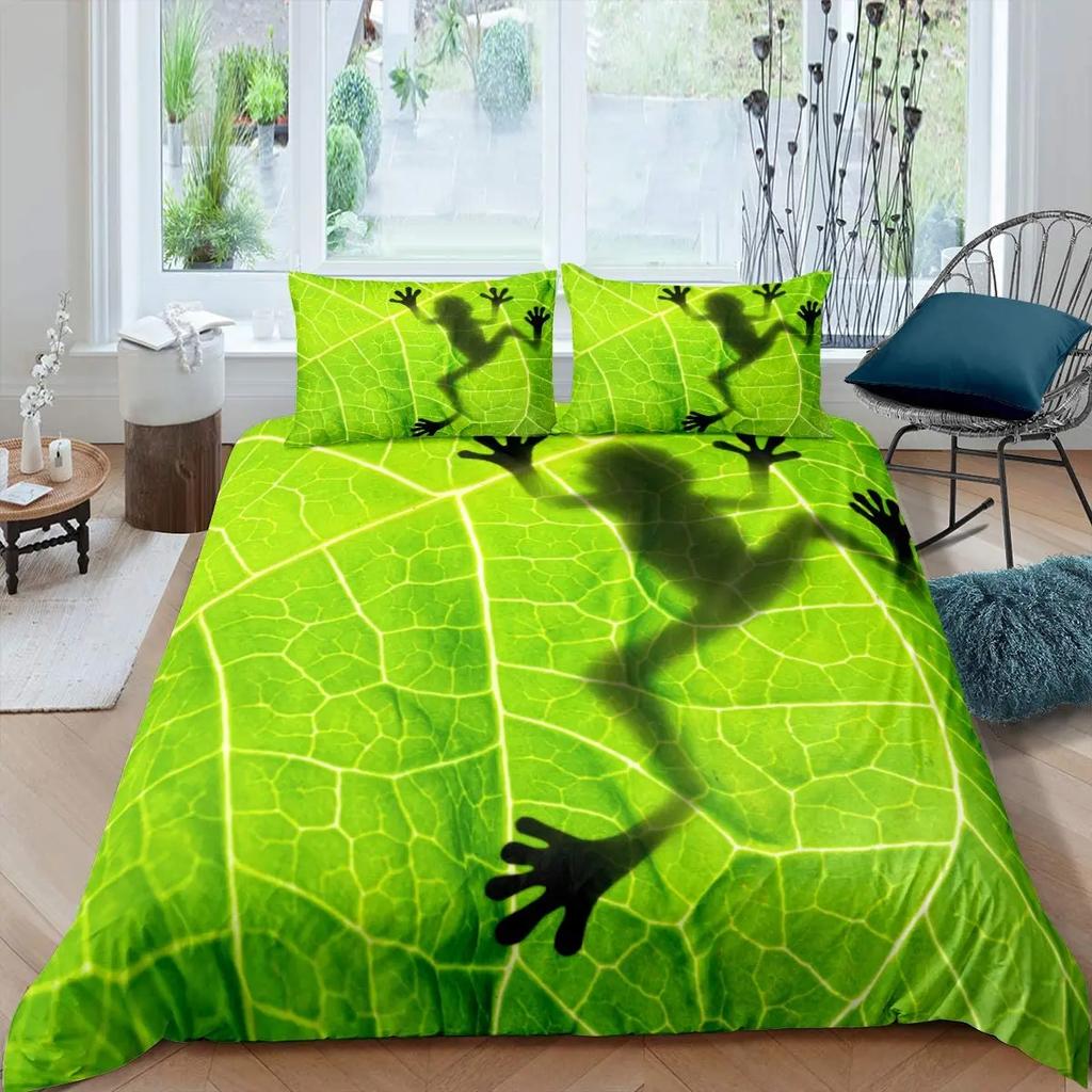 Frog Duvet Cover Set Cute Kawaii Cartoon Frog Pattern King Queen Size Polyester Comforter Cover With Pillowcase For Kids Girls