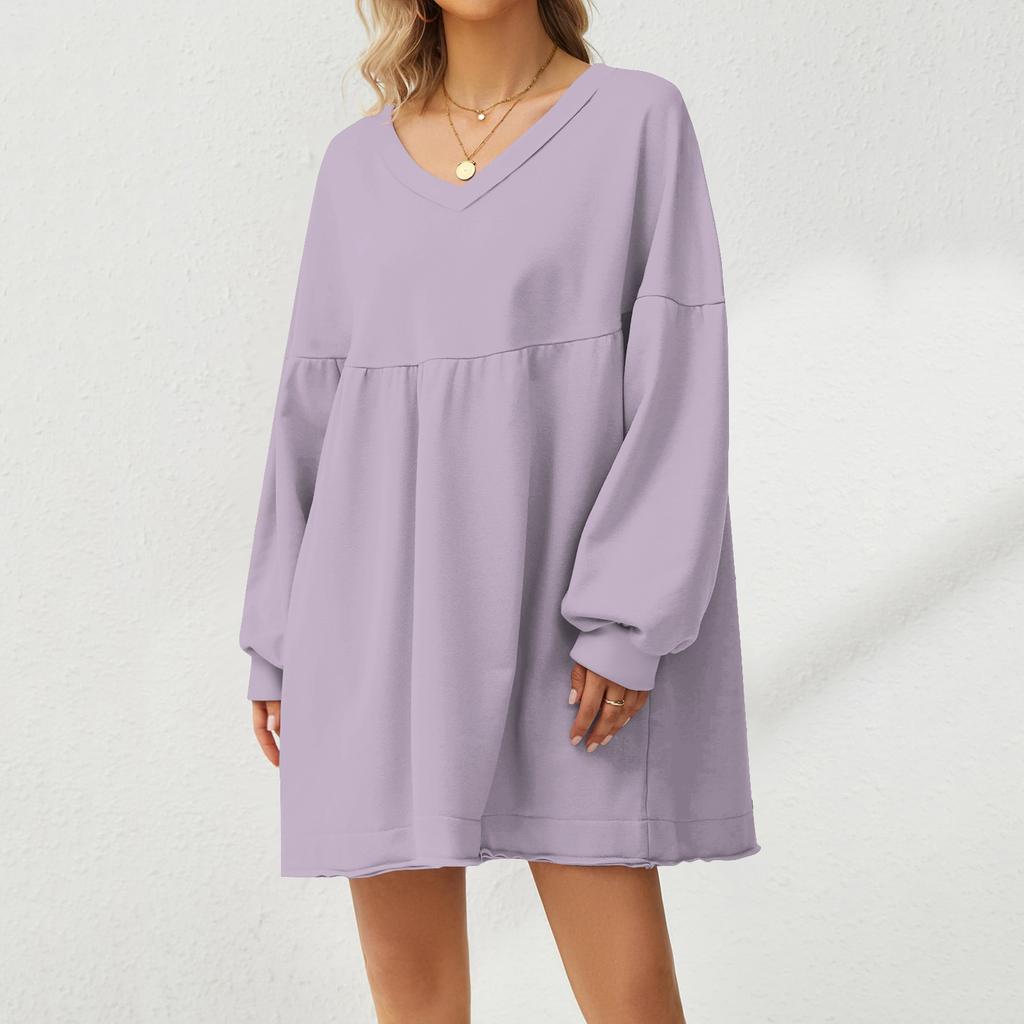 Women's Fashion Casual Large Solid Color Sweatshirt V-Neck Long Sleeve Loose Dress