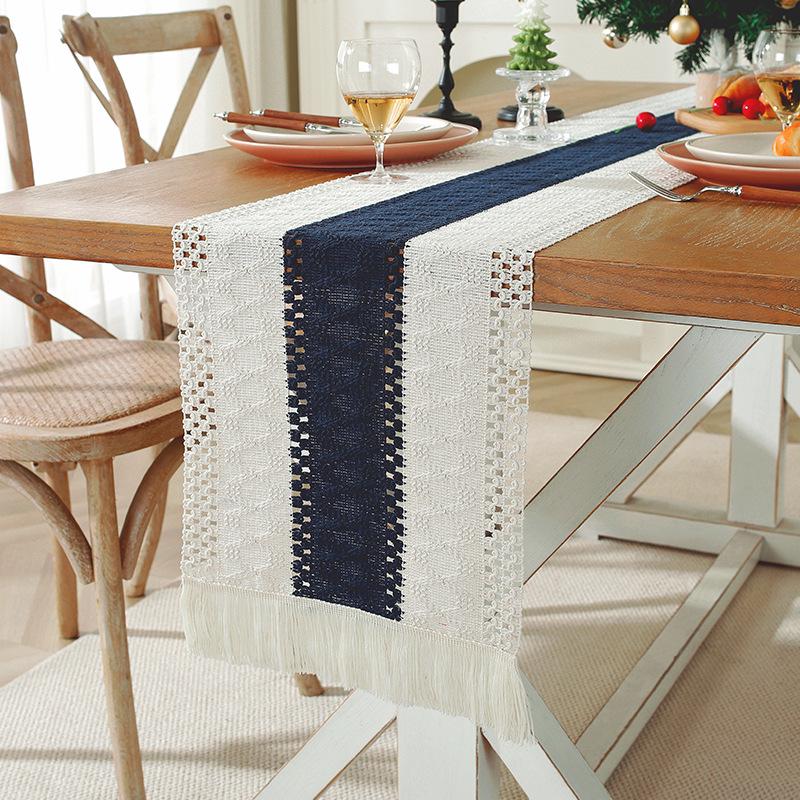 Cotton Linen Patchwork Table Runner with Tassels – Two-Color Weave, Natural Material, Pastoral American Country Style 30x120cm