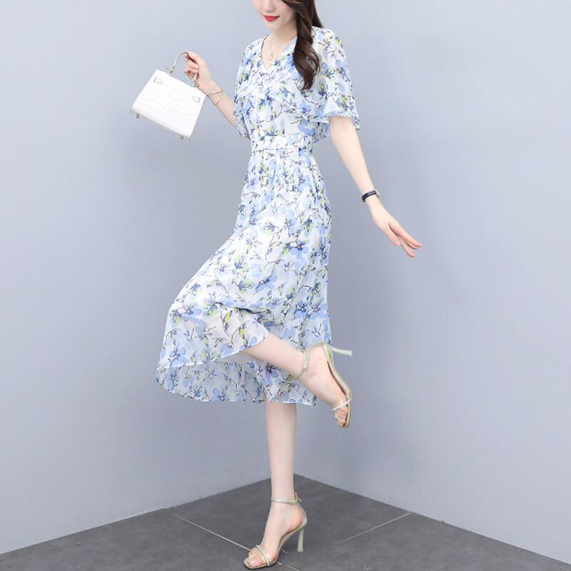 Women s French Style Floral Chiffon V-neck A-line Dress 2XL