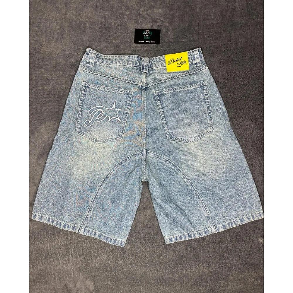 Retro Letter Denim Shorts Y2K Herren Harajuku Hip Hop Buchstabenstickerei Retro Blau Baggy Shorts Überkniehose Lässige Shorts