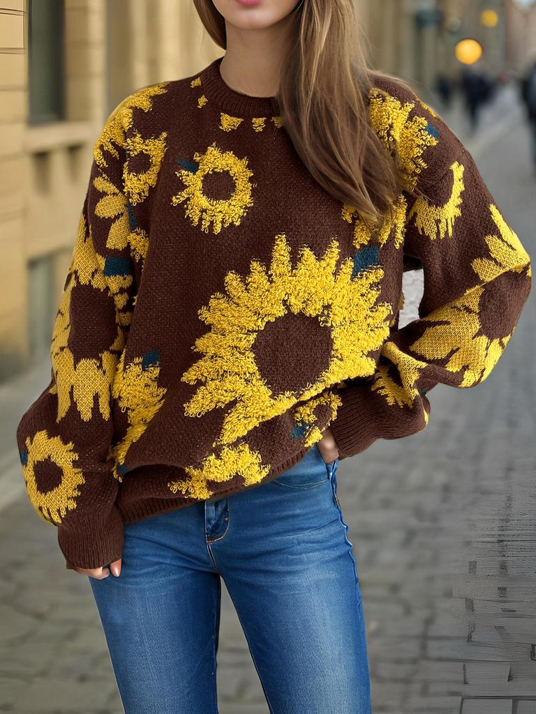 Autumn and winter new top sunflower jacquard round neck long sleeved knitted pullover sweater for women 3589