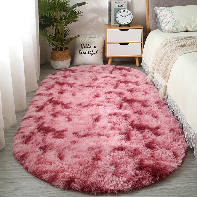 Oval Center Carpet Plush Fluffy Tie Dye Anti Slip Carpet Floor Cushion Bedroom Bedside Mat Rug Soft Foot Mats Home Decor New