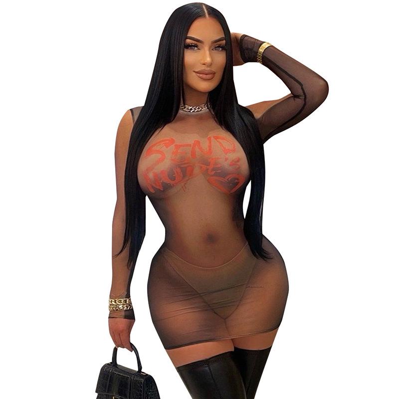 Rochie Mini de Iarnă pentru Femei cu Imprimeu Transparent - Mânecă Lungă & Gât Rotund