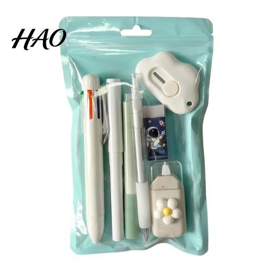 Portable Storage Stationery Case 7PCS Set, Macaron Color Gel Pens/Correction Tape/Cutter/Eraser Include, Learning Supplies Office Records with