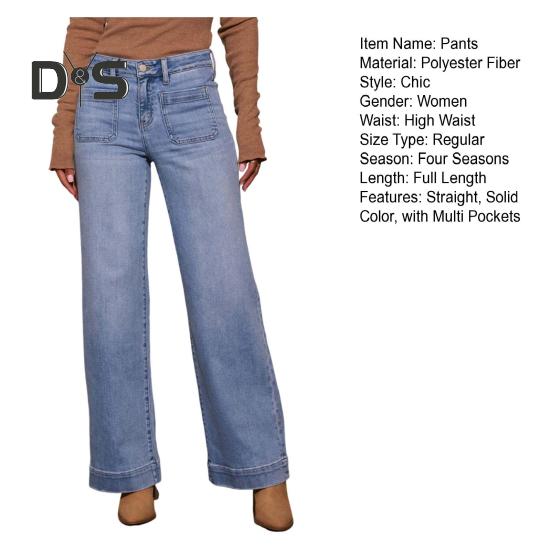 Damskie jeansy proste z wieloma kieszeniami, z wysokim stanem, zapinane na guzik i zamek błyskawiczny, spodnie w jednolitym kolorze, w stylu vintage, dżinsowe spodnie do noszenia na co dzień, do szkoły, do pracy