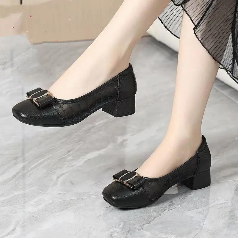 Fashion Women's Shoes Ladies Pumps Block Heel Moccasins Square Toe with Medium Heels Chunky Wholesale Vacation Summer 2025 On Sale Young