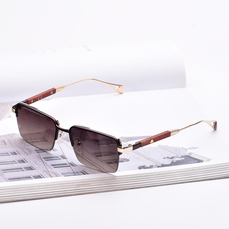Men'S High-End Light Luxury Half Frame Sunglasses Travel Sunglasses With Metal Frames Wood Grain Brown Driving Glasses