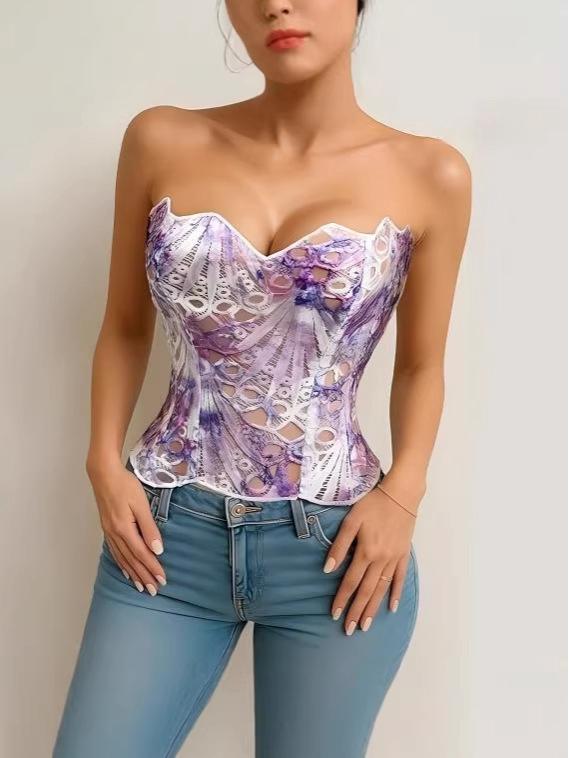 

Women s Floral Lace Bustier Bodysuit with Lace-up Waist Cincher Extra Large фіолетовий/квітковий