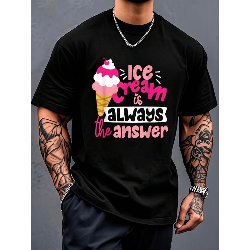 

European Size Cute Ice Cream Cone Design T-Shirt | Casual Round Neck, Short Sleeve, Comfortable Top, Suitable For Spring And Summer S чёрный