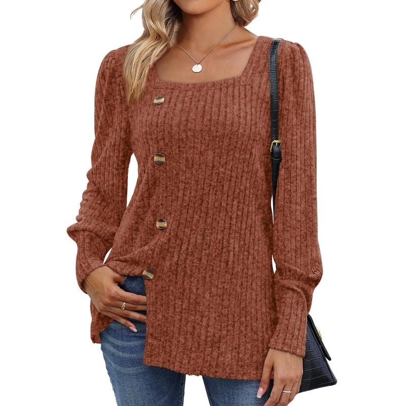Herbst und Winter Damen-Bluse, Strickwaren mit Schnalle, quadratischer Ausschnitt, einfarbig, Langarm-Tops