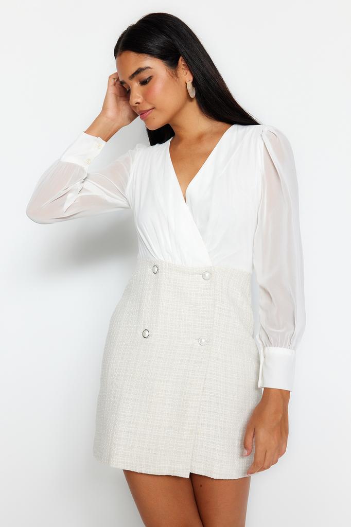 Women's Fashion Casual Standard Sleeve Mini Navy Blue Collar Detailed Lined Chiffon Woven Dress